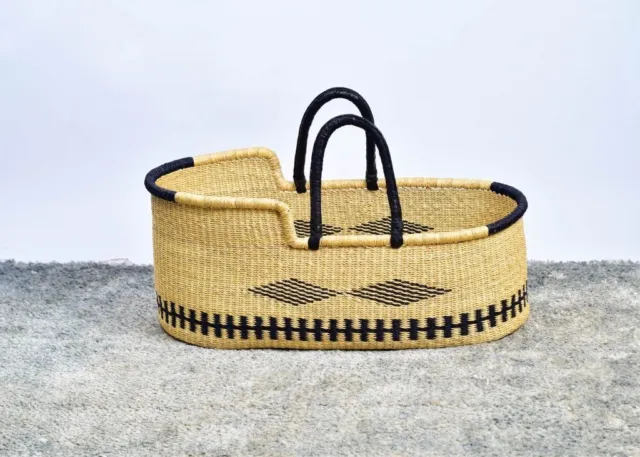 Baby Moses Basket with Mattress, Bolga Basket, African Woven Basket,12x18x30 in