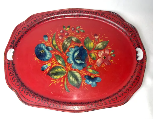 Antique Pre-1918 Russian Tole Painted Red Metal Tray Made in Russia Blue Flowers