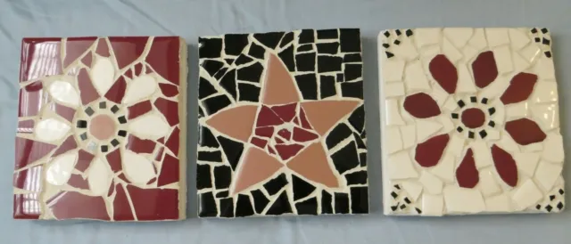 3Pc. Trip Tic "Flower/Star/Flower" Mosaic Wall Art Hand Crafted By Bohdi