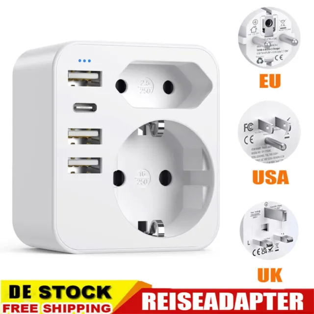 6 In 1 Reiseadapter Steckdosenadapter mit 3 USB Ports +1 USB C+2 AC Steckdose