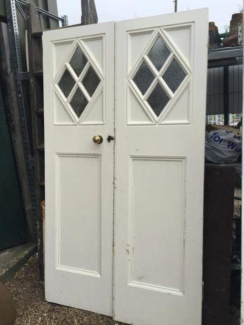 Pr Antique Double Wooden Doors With Glass In Top Locks And Keys Interior £350