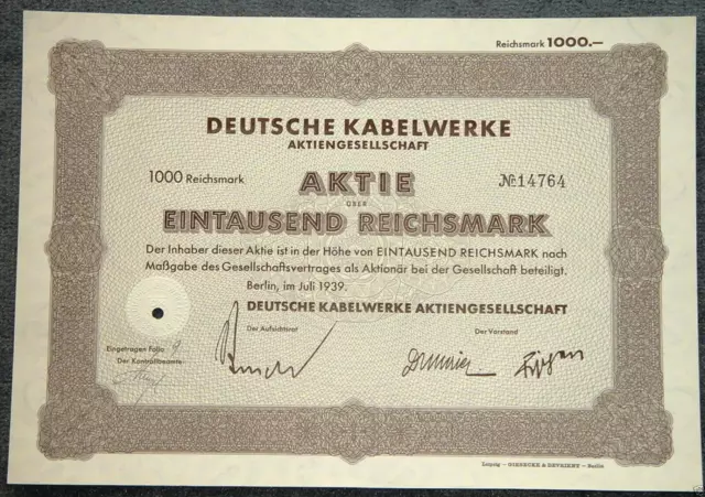 Deutsche Kabelwerke Aktiengesellschaft 1939 1000 RM