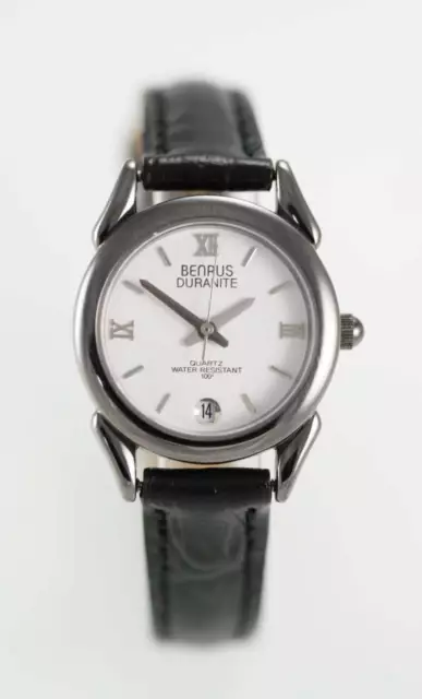 Benrus Durante Bianco Donna Acciaio Inox Gunmetal Nero Pelle Data Quarzo Watch