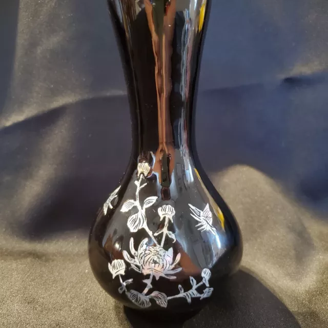 Vtg Asian Mother of Pearl Inlay Black Lacquerware Bud Vase Floral Butterfly