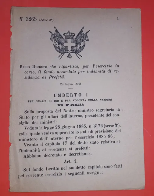 Decreto Regno Italia Ripartizione fondo indennità di residenza ai Prefetti 1885