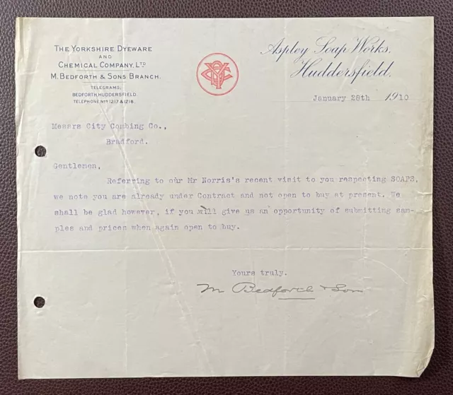 1910 Yorkshire Dyeware & Chemical Company, Aspley Soap Works Huddersfield Letter