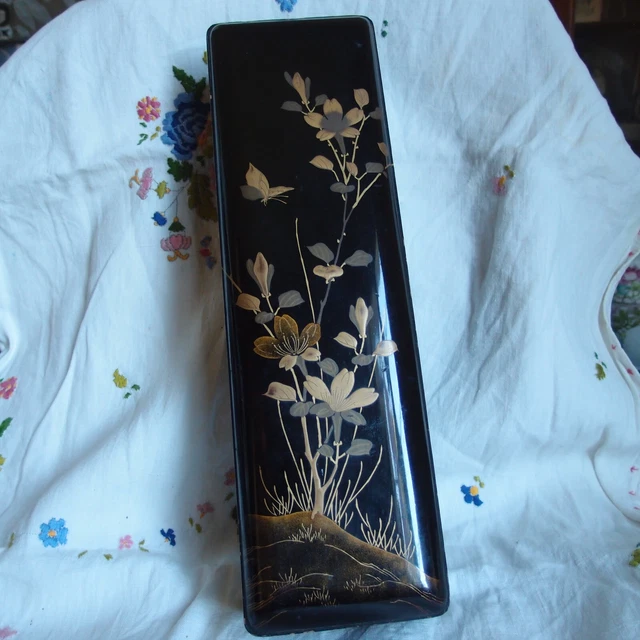 Plateau floral soviétique vintage peint à la main - Style de Zhostovo - Métal laqué noir - Art populaire de l'URSS
