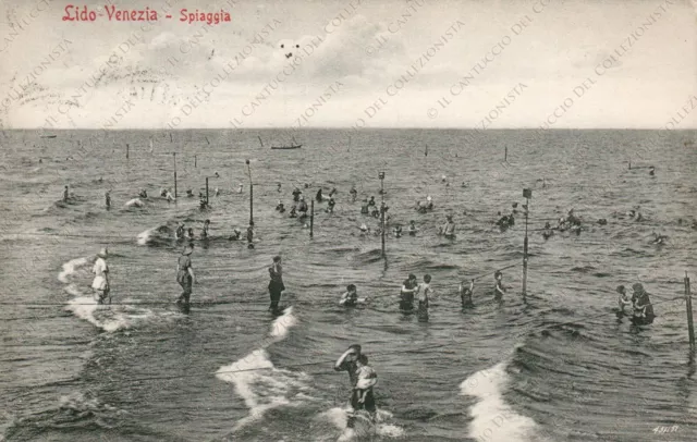 1909 LIDO di Venezia Spiaggia Bagnanti in acqua Cartolina animata