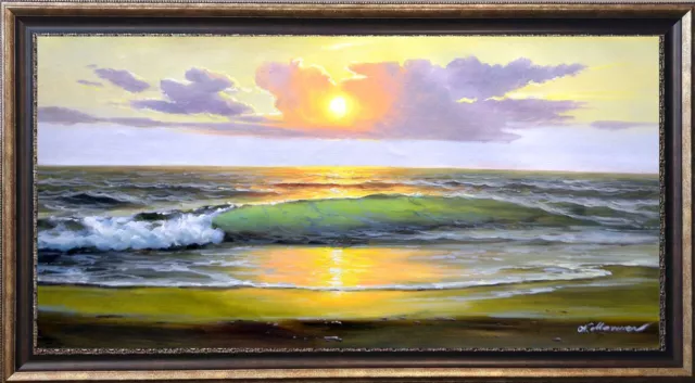 Extra Large Seascape "Surf Of Golden Sea" Listed Artist Oil Painting Canvas