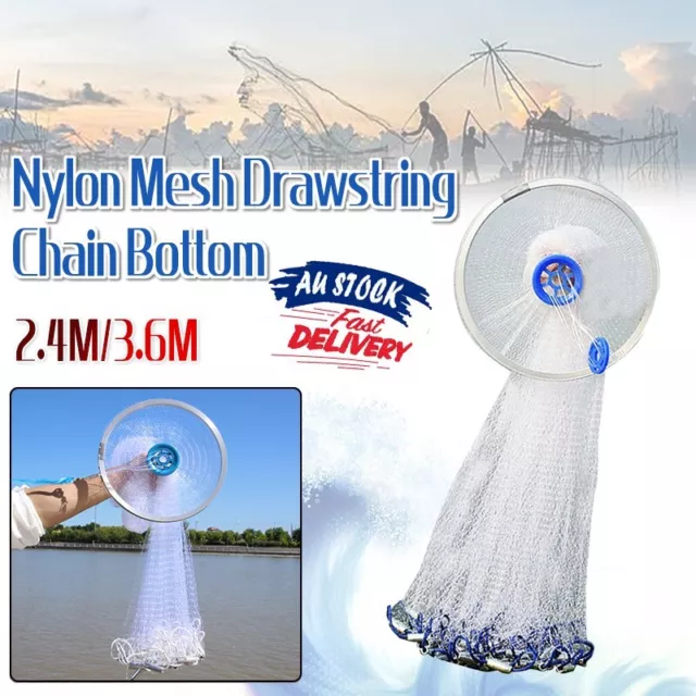 8ft 12ft Fishing Cast Net Quick Throw Nylon Mesh Drawstring Chain Bottom Spread