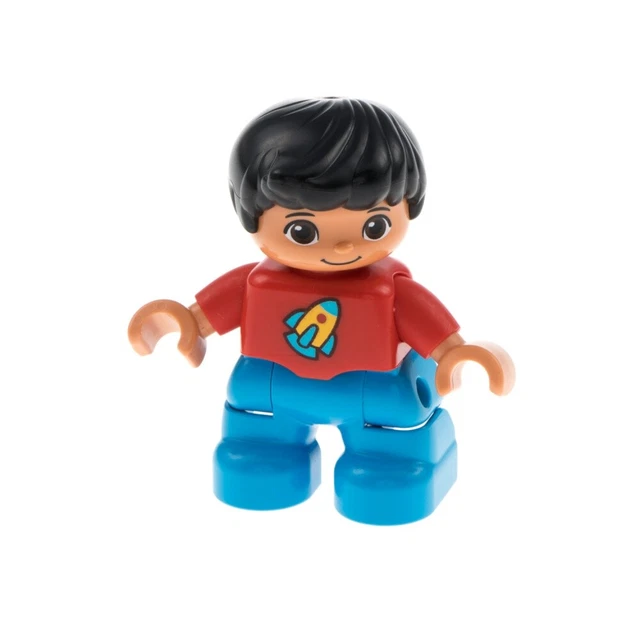 1x Lego Duplo Figurine Enfant Jeune Bleu Top Rouge Fusée Jaune Cheveux Noir