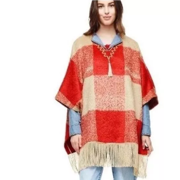 Adam Lippes For Target Red Fringe Poncho Jacket Cape Shawl Women's Size S/M