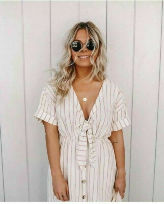 ZARA Ecru White Linen Bl Tie Knot Front Midi Stripe Summer Dress size S 10 12