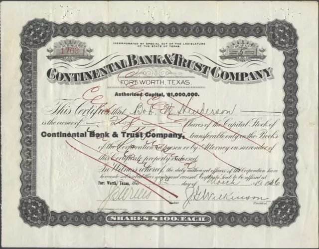U.S 1906. Stock Certificat - Continental Banque & Trust, R234