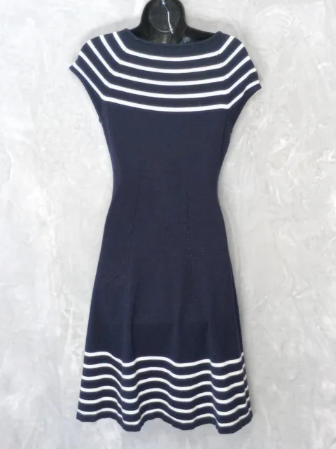 Eliza J Fit & Flare Dress Womens Blue Striped Stretch Sweater Knit Cap Sleeve