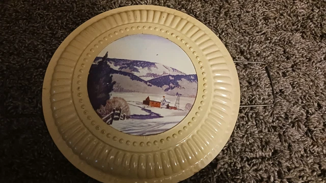VTG 8" Tin Stove Pipe Flue Old Chimney HOLE Cover Winter farm Mountain Scene
