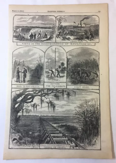 1862 magazine engraving~11x16~VIEWS AROUND SAVANNAH, GEORGIA