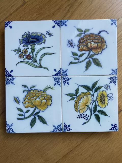 4 Antique Delft Polychrome Tiles With Flowers Mounted On Board
