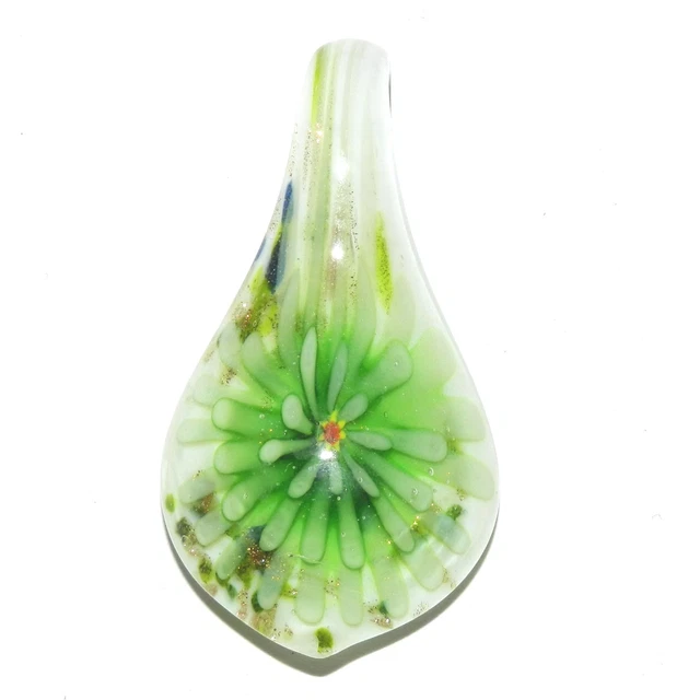 P2469 Green Flower with Gold Sparkles 55mm Lampwork Glass Spoon Drop Pendant