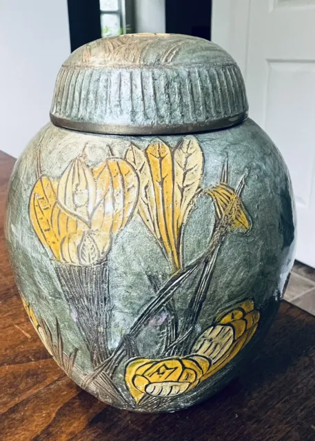 GINGER JAR/INDIA/BRASS - Urn Vase  Enamel Painted Flowers Dragonfly w Lid
