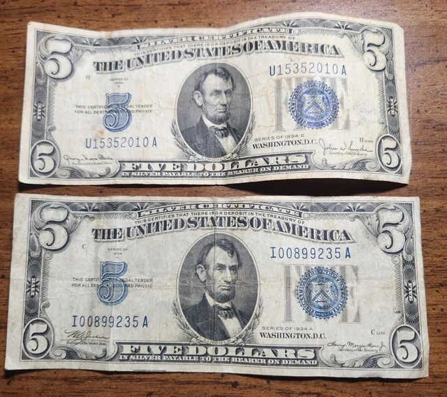 Lot Of 2 Series 1934D/A $5 United States Silver Certificate Blue Seal Note