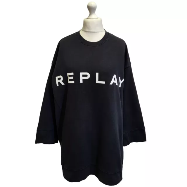Replay Over-sized Black Round Neck Sweatshirt Uk Women's S Eu 36 F985