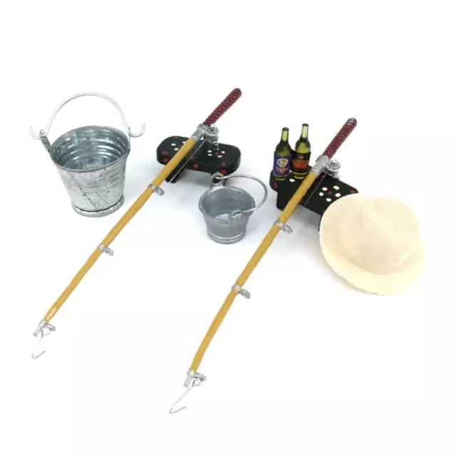 1/12 DOLLHOUSE MINIATURE Fishing Rod Hat Bucket Stool Model for