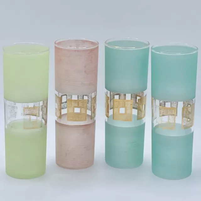 Color Frost Gold Gilt Geometric Tom Bartlett Collins Highball Glass Tumbler Set