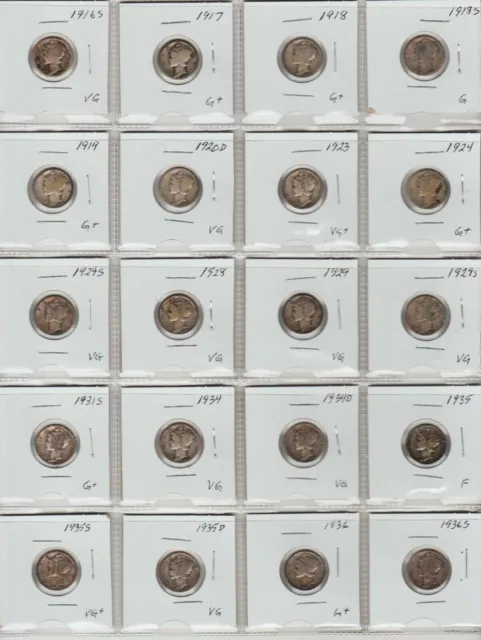 Lot of 20 US Antique 90% Silver Mercury Dimes 1916S to 1936S