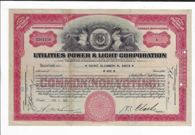 VIRGINIA 1932 Utilities Power & Light Corporation Stock Certificate