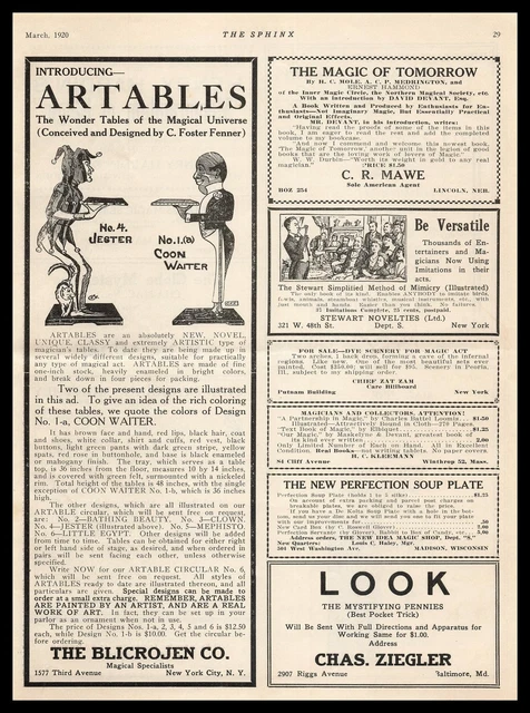 1920 The Blicrojen Company New York NY "Artables" Magician Trick Tables Print Ad