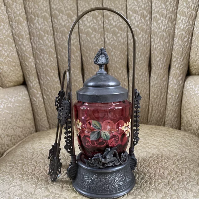 Antique WEBSTER  VICTORIAN PICKLE CASTOR: HANDPAINTED CRANBERRY JAR