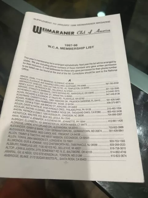 Weimaraner Club Of America Wca Membership List 97 98