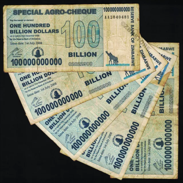 5 x 100 Billion Dollars Zimbabwe Special Agro Cheque Banknote 2008 Authentic COA