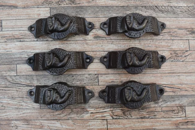 6x Vtg Cast Iron Elephant Cupboard Cabinet Door Gate Drawer Cup Bin Pulls Handle