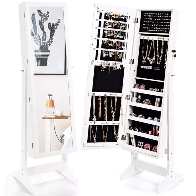 Jewelry Cabinet Stand Mirror Armoire Lockable Organizer Large Storage Box White