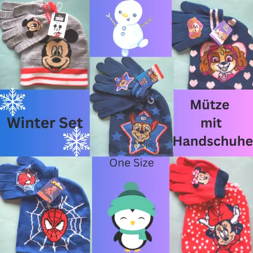 Mütze mit Handschuhe Paw Patrol, Spider Man, Disney Mickey - Minnie Mouse,Kinder