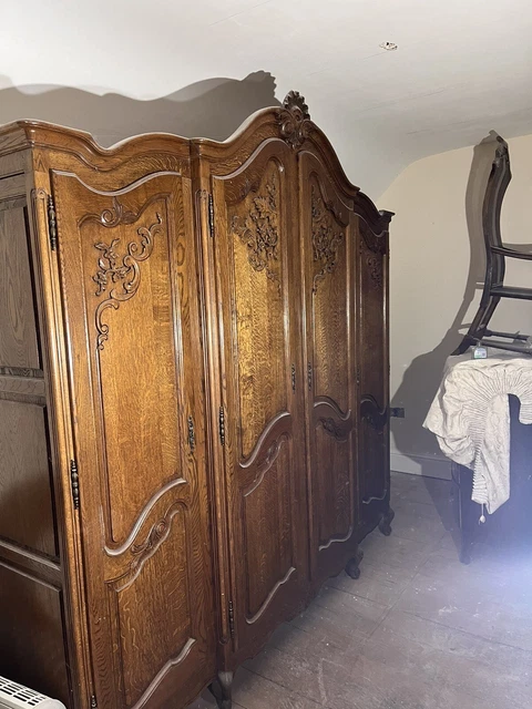 Antique French Louis XV Carved Oak Breakfront Armoire With Shelves