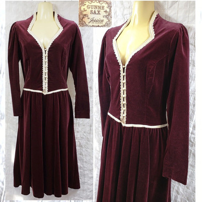 Vintage 80s Gunne Sax by Jessica Burgundy Velvet Midi Dress Womens Size MEDIUM