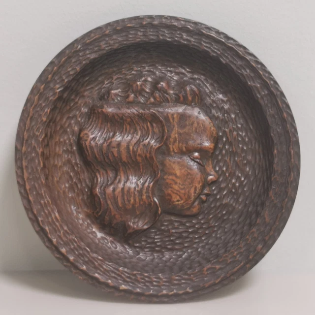 Vintage Wall Hanging Wood Hand Carved Round Girl Face Plaque Signed 1947 Wooden