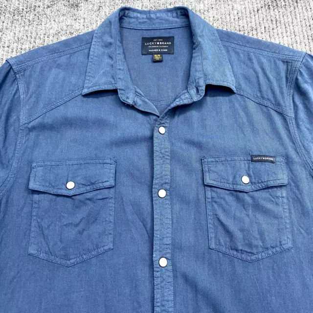 Lucky Brand Mens Shirt Medium Blue Pearl Snap Short Sleeve Washed & Worn Western