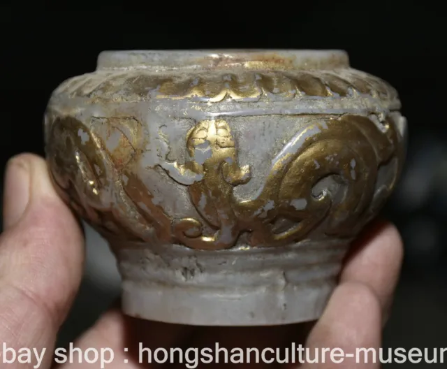 2.8" Old Chinese White Jade Gilt Carving Palace Dragon Beast Pixiu Tank Jar