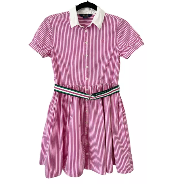 Ralph Lauren Preppy Pink White Striped Belted Button Front Shirt Dress Girls 14