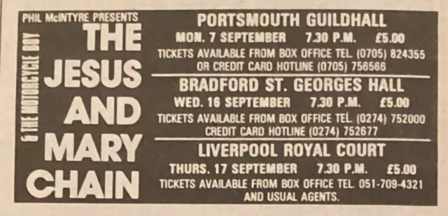 Jesus And Mary Chain - Gig Advert - Sept 1986 -Portsmouth - Bradford - Liverpool