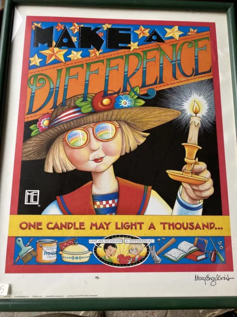 Mary Engelbreit Framed Poster “Make A Difference” ME ink Signed 17x21