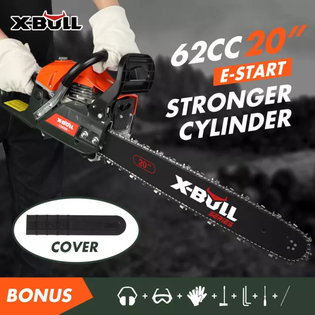 X-BULL Chainsaw Petrol 62CC 20" Bar E-Start Commercial Tree Pruning Top Handle