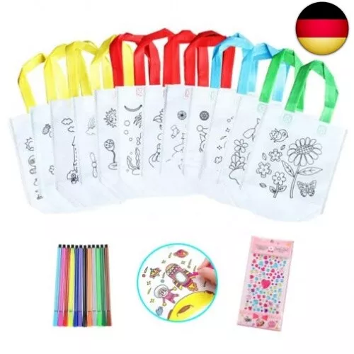 Heatigo Kinder Stoffbeutel Set,24 Stück Non-Woven Tasche Zum Bemalen & 12 Farbe