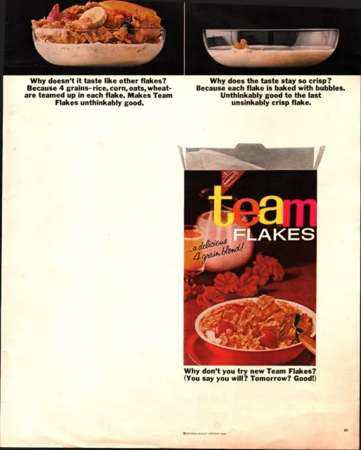 1964 Nabisco Team Flakes Breakfast Cereal Vintage Print Ad National Biscuit Co.