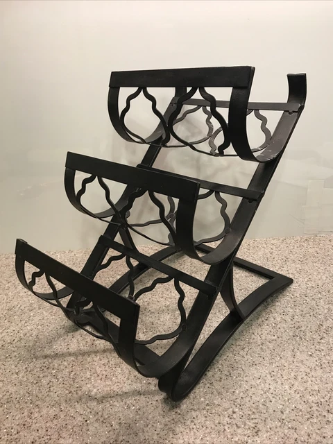 Vintage Wrought Iron Spanish Gothic Standing 3 Bottle Cradle Wine Holder Counter