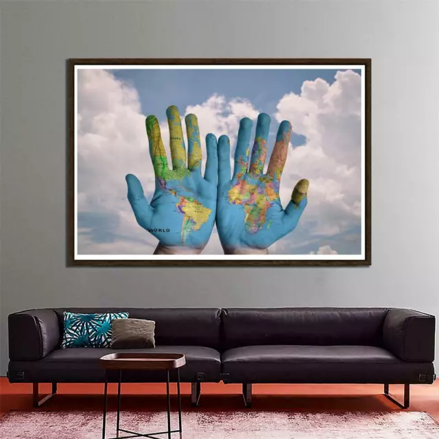 World Map Painting on Hands Large Poster Prints Wall Backdrop Decoration